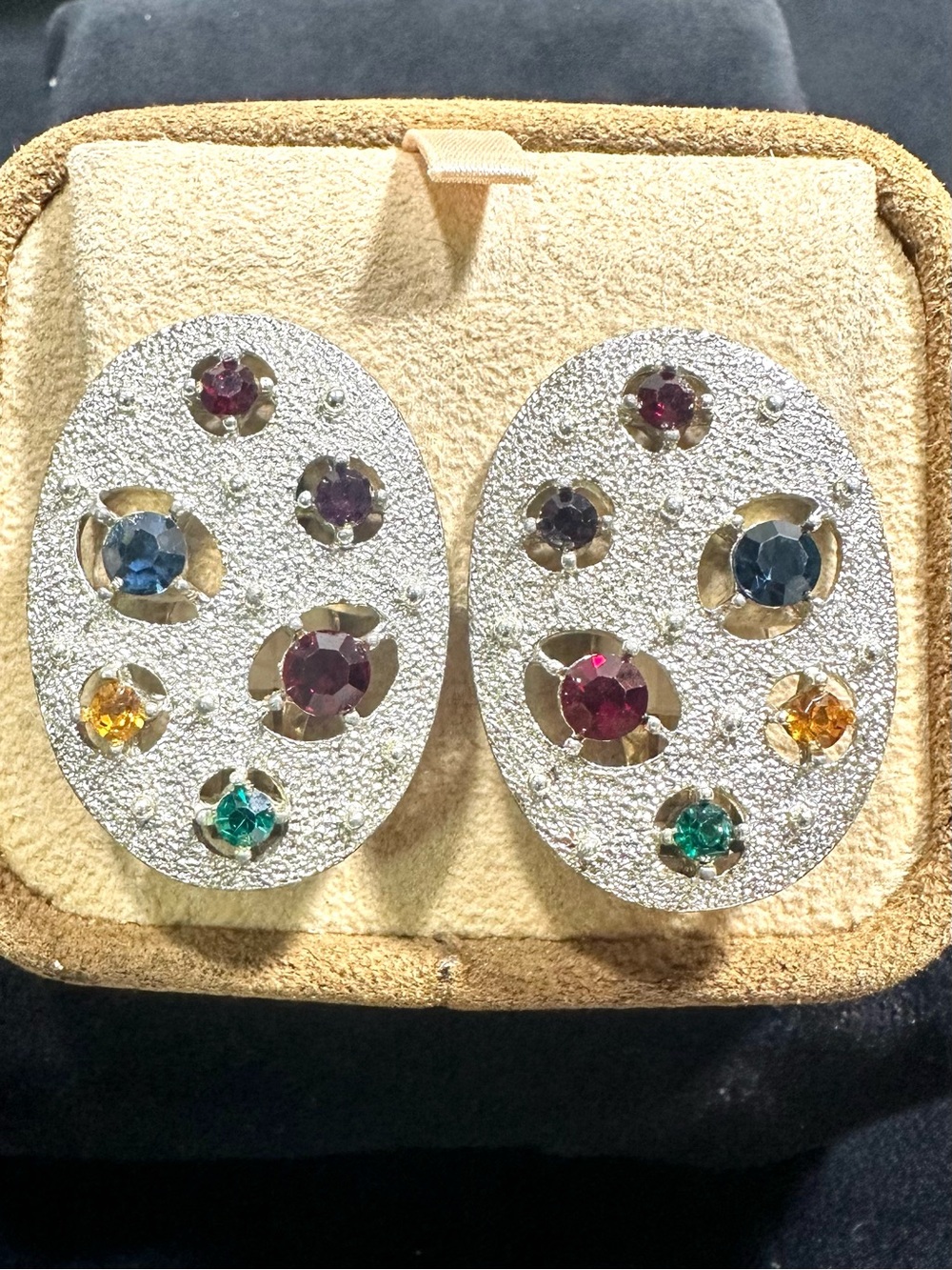 Vtg: Emmons Pat. Pending Multicolored Rhinestone Clip on Earrings